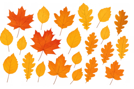 Autumn tree leaves falling, colorful maple and oak foliage representing nature, seasons, and fall harvest on transparent background