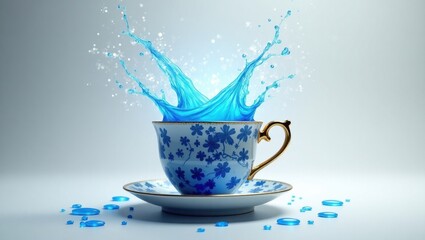 Blue water splash in a decorative teacup and saucer
