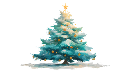 Creative hand-painted Christmas tree featuring visible brush textures, gentle gradient tones, and bead decorations with a glowing star, artistic festive artwork, isolated on white background 