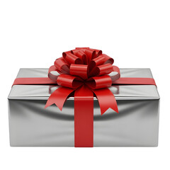 Shiny wrapped gift box with bow, isolated on transparent background ultrarealistic