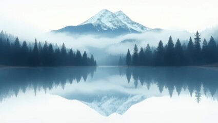 Misty mountain reflection over calm lake with evergreen forest