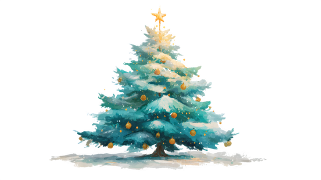 Creative hand-painted Christmas tree featuring visible brush textures, gentle gradient tones, and bead decorations with a glowing star, artistic festive artwork, isolated on white background 