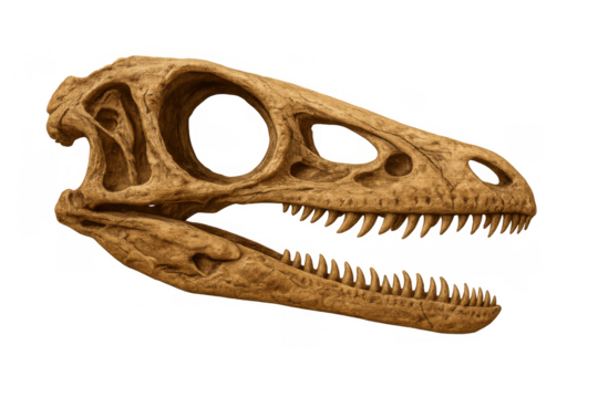 Velociraptor dinosaur skull fossil on transparent background, showing ancient prehistoric bone structure and paleontology concept