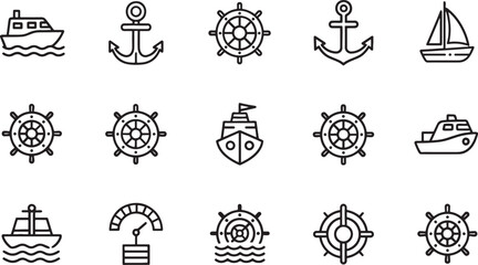 Nautical Icons Collection Set of Line Art Style Vector Illustration
