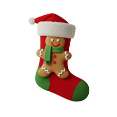 Christmas stocking with gingerbread man, isolated on transparent background ultrarealistic