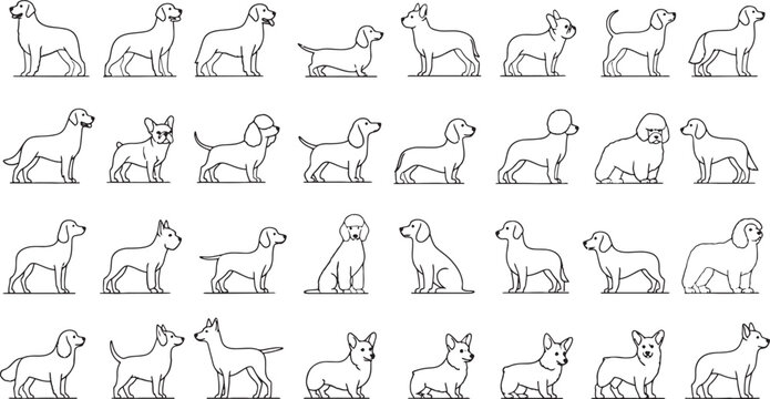 Diverse Dog Breeds Outline Seamless Pattern Vector Illustration Collection