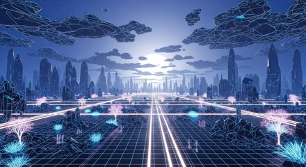 A futuristic cityscape with a glowing grid, towering buildings, and a moon in the sky.