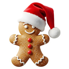 Gingerbread man with Christmas hat, isolated on transparent background ultrarealistic