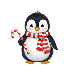 Adorable penguin holding a candy cane, isolated on transparent background ultrarealistic