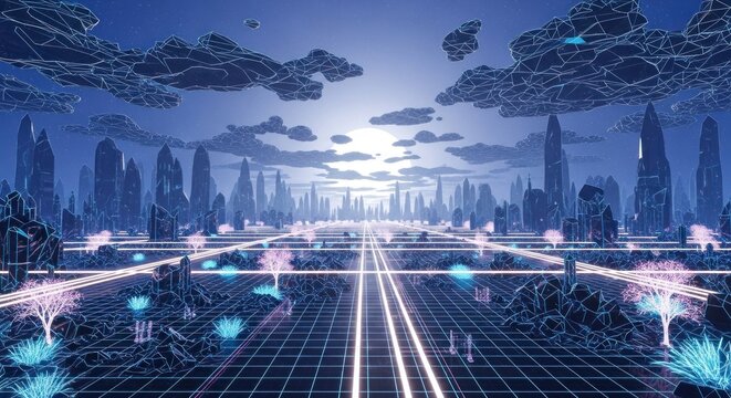 A futuristic cityscape with a glowing grid, towering buildings, and a moon in the sky.