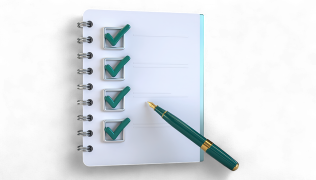 Productivity Notepad with Emerald Checkmarks isolated on transparent background. Spiral Bound Task Checklist. Gold Teal Pencil.