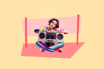 Art poster collage of person listen front image net for playing games on pastel background