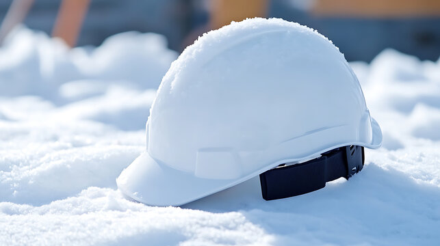 Winter safety first! White hard hat covered in snow. Safety and preparedness meet winter's frosty challenge. A reminder to stay protected, even in snowy conditions.