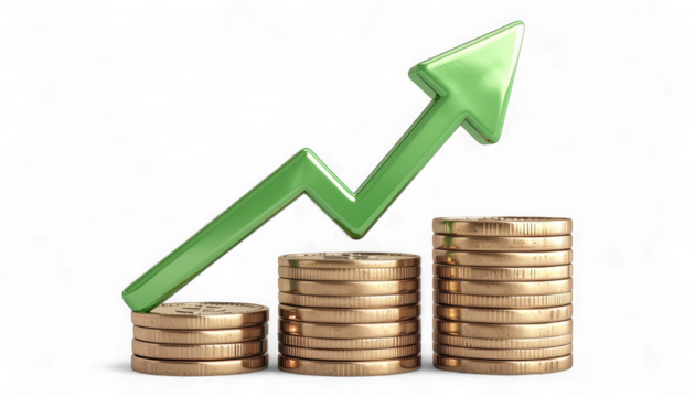Vibrant Green Arrow Ascending from Stack of Golden Coins isolated on transparent background. Metallic Arrow Pointing Upwards from Money Pile. Financial Growth and Success Symbol with Gold Coins.