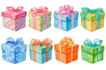 Fototapeta premium Festive patterned gift boxes hand drawn watercolor set