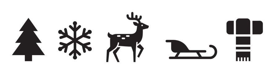 Obraz premium A collection of five black silhouette icons representing winter and holiday themes, including a Christmas tree, snowflake, deer, sled, and scarf, presented in a simple, flat style