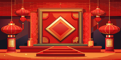 Traditional Chinese red lanterns decorating the ancient temple architecture in Asia, hanging from the roof and framing the entrance gate