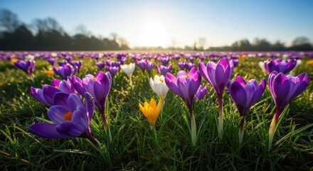 A vibrant field of purple and white crocuses in full bloom, with a sunlit background and a grassy foreground.