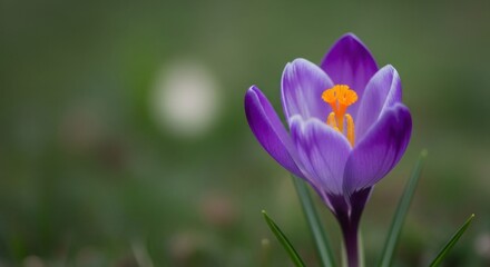 A purple crocus flower with a yellow center, surrounded by green leaves, against a blurred green background.