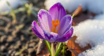 A purple crocus flower with water droplets on its petals, surrounded by fallen leaves and snow, in a natural setting with a blurred background.