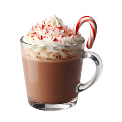 Peppermint hot cocoa in glass mug, isolated on transparent background ultrarealistic