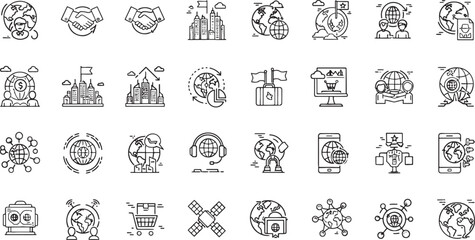 Global Business and Communication Icons Set for International Trade and Technology