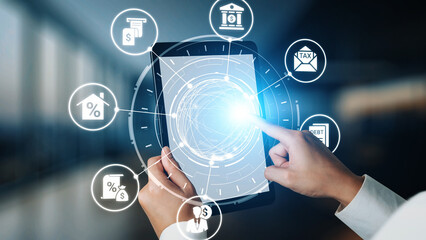 Personal finance with savings, investment and budgeting icons showing money management, financial...