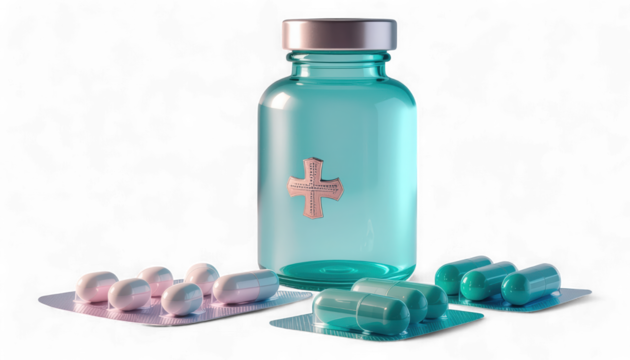 Turquoise Cap Pharmaceutical Bottle with Pink Tip Capsules. 3D Realistic Medicine and Pill Blister Packs. Modern Healthcare and Medical Treatment Supplies.
