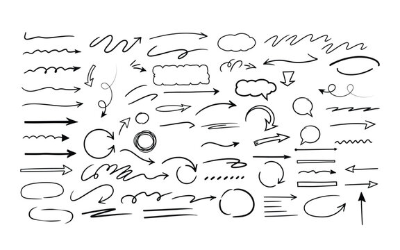 Collection of hand drawn doodle arrows speech bubbles circles and scribble lines for design elements
