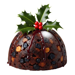 Christmas pudding with holly, isolated on transparent background ultrarealistic
