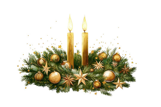 Advent wreath with candles hand drawn watercolor decoration