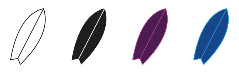 Summer surfboard icon set, Surfer for water sport. Summer beach activity, surfing on sea waves sport  for water sport activity. Vector illustration.