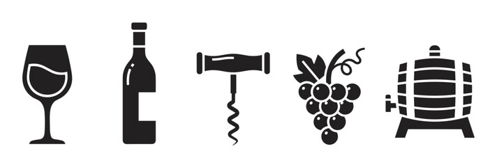 Minimalist collection of wine and winery symbols featuring a filled glass, bottle, corkscrew opener, grape bunch, and a wooden cask, all depicted as solid black icons