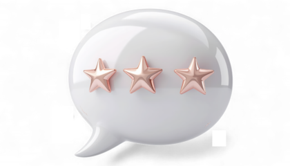 Sculptural Pearl White Twisting Speech Bubble with Stars. 3D Realistic Rose Gold Star Rating Icon. Modern Elegant Feedback and Review Symbol.
