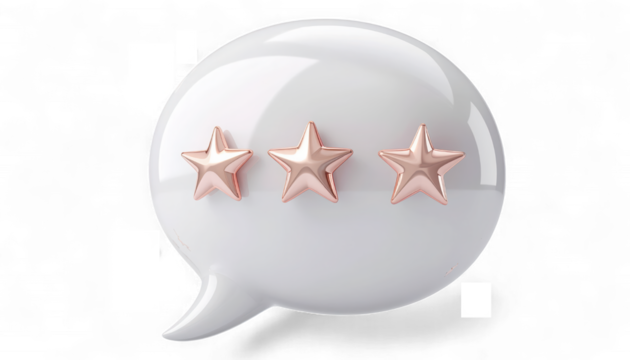 Sculptural Pearl White Twisting Speech Bubble with Stars. 3D Realistic Rose Gold Star Rating Icon. Modern Elegant Feedback and Review Symbol.