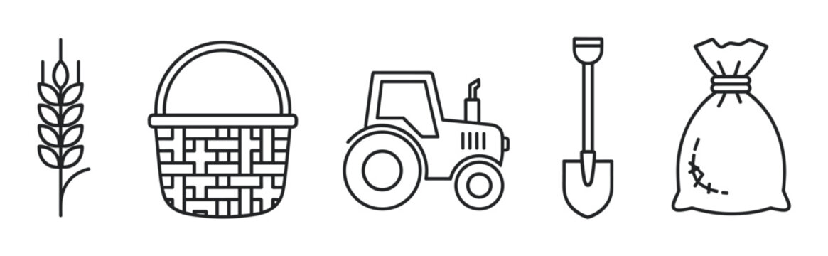 Set of five agricultural outline icons featuring a wheat ear, woven basket, farm tractor, digging shovel, and a tied grain sack, illustrated in a minimalist linear graphic style