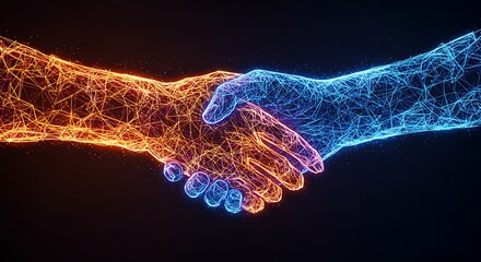 Abstract digital handshake formed by glowing particles and lines, representing a strong connection, partnership, agreement, and collaboration in technology