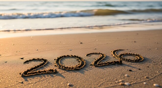 Year 2020 written in sand on a beach with gentle waves approaching