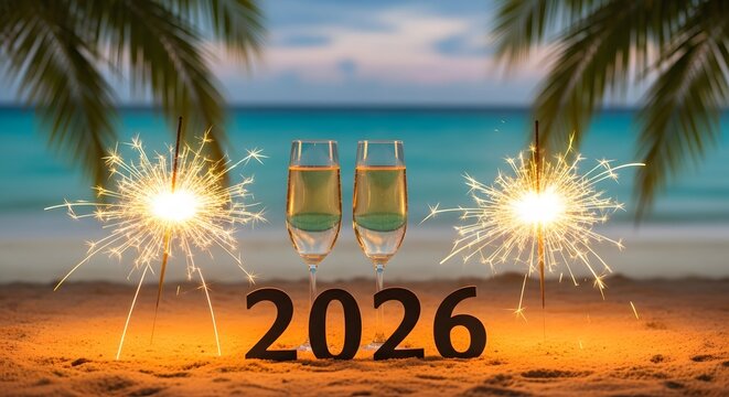 Tropical beach new year celebration with sparklers and champagne bottles in 2026 - Powered by Adobe