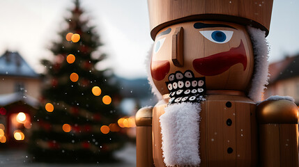 Festive Holiday Celebration: A wooden nutcracker stands tall amidst the winter wonderland, with a decorated Christmas tree softly illuminated in the background. Holiday cheer.