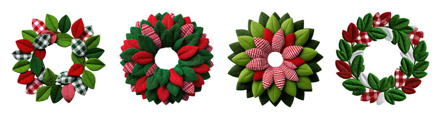 Handmade patchwork quilt craft embroidery wreaths festive red green plaid and felt textures evoking cozy holiday warmth and cheerful seasonal charm