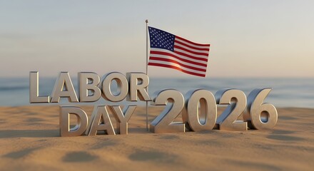Labor day 2026 celebration with american flag on sandy beach ocean background