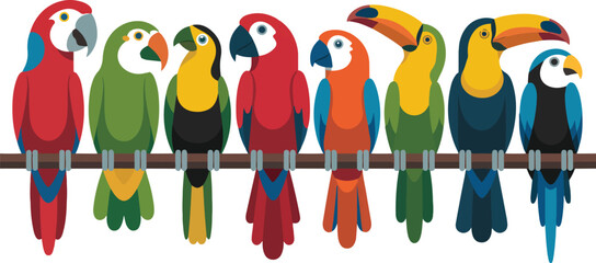 Obraz premium Colorful Parrots Toucans Birds Perched on Branch Avian Wildlife Tropical Rainforest Exotic Plumage Ornithology Biodiversity