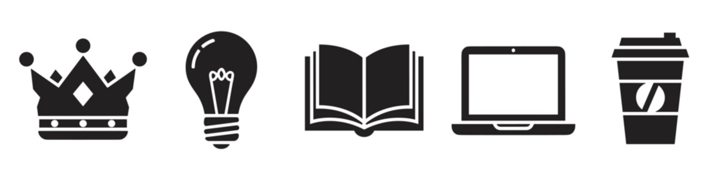 A minimalist collection of black glyph icons including a crown, light bulb, open book, laptop, and coffee cup, symbolizing leadership, ideas, knowledge, and technology
