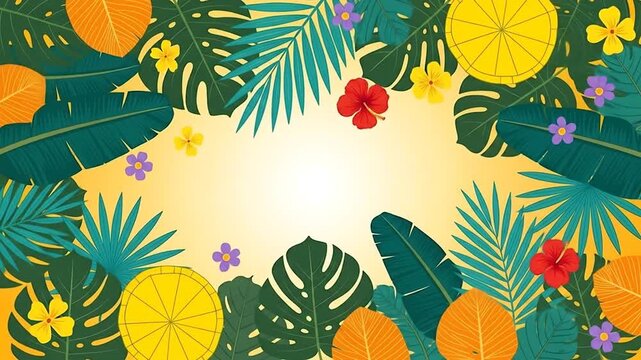 Vibrant tropical summer illustration background with lush exotic leaves, refreshing citrus slices, and colorful flowers forming a lively border, ideal for seasonal designs