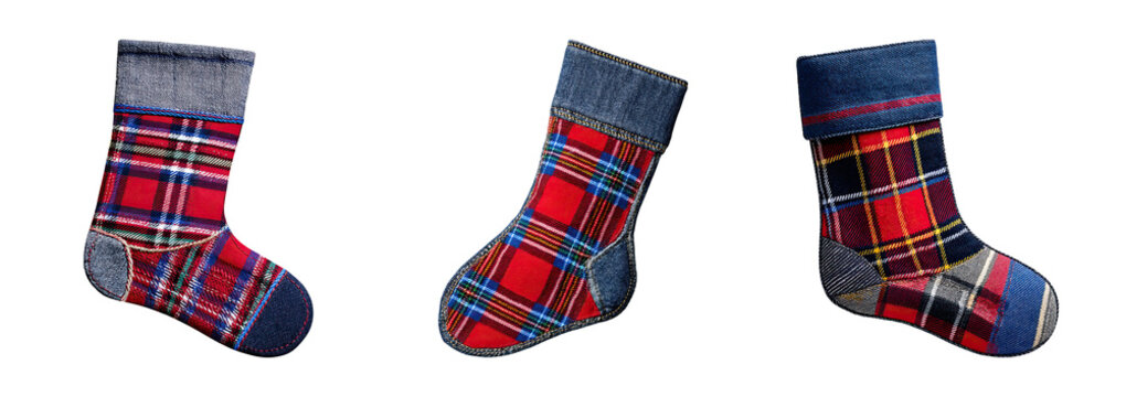 Cozy patchwork quilt craft embroidery stocking with plaid pattern denim cuff handmade holiday charm