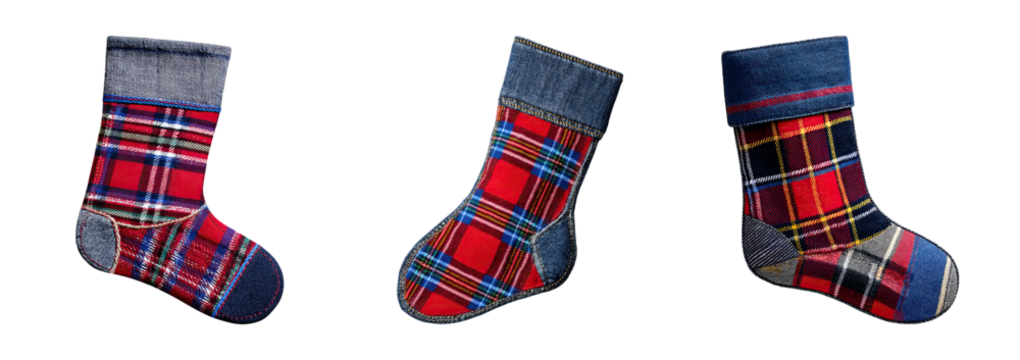 Cozy patchwork quilt craft embroidery stocking with plaid pattern denim cuff handmade holiday charm