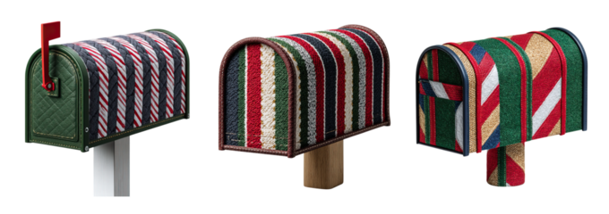 Patchwork quilt craft embroidery colorful festive mailbox with stitched fabric textures and cheerful holiday pattern bringing cozy handmade charm