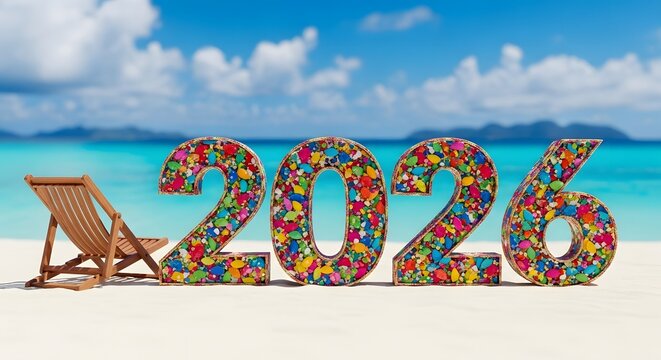 Colorful 2026 numbers on a tropical beach with lounge chair and ocean