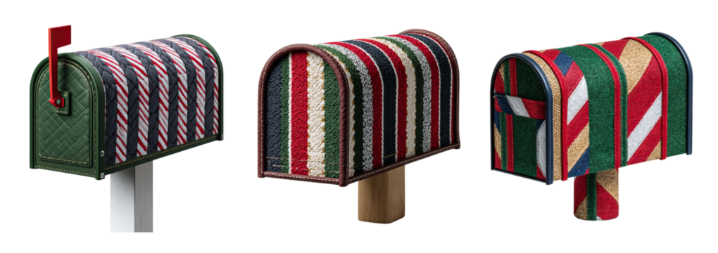 Patchwork quilt craft embroidery colorful festive mailbox with stitched fabric textures and cheerful holiday pattern bringing cozy handmade charm - Powered by Adobe